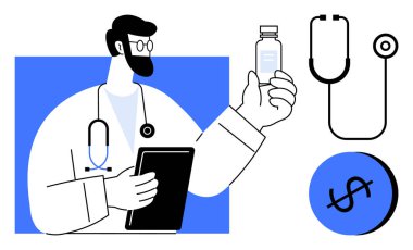 Yanında şişe ve tablet, steteskop ve dolar işareti tutan bir erkek doktor var. Sağlık, tıbbi araştırma, teletıp, tanı, ilaç, maliyet analizi, sağlık hizmetlerine erişim için ideal