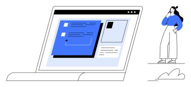Kadın, büyütülmüş dizüstü bilgisayarın yanında çeşitli üst üste binen diyalog kutularını gösteriyor. Tasarım düşünme, yaratıcılık, problem çözme, kullanıcı arayüzü, dijital yenilik, beyin fırtınası için ideal