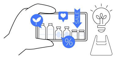 Elle tutulan cihazda ürün şişeleri, satış göstergeleri, çevre dostu sembol ve içinde filizlenen bir ampul var. E-ticaret, sürdürülebilirlik, perakende, yenilik ve pazarlama için ideal