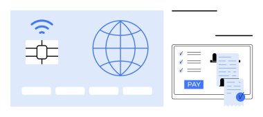 Kontrol işaretli ve ekranında Ödeme düğmesi olan dijital makbuzun yanında dünya simgesi olan mavi çipli kart. Finans, bankacılık, çevrimiçi alışveriş, bütçe, güvenlik, fintech, e-ticaret için ideal