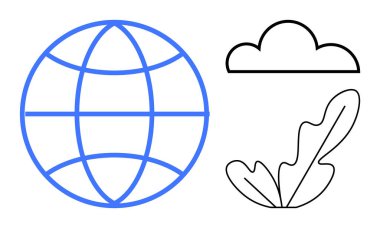 Globe in blue, cloud outline, and abstract leaf drawing. Ideal for ecological awareness, global connectivity, environmental conservation, climate change, sustainable growth, nature preservation clipart