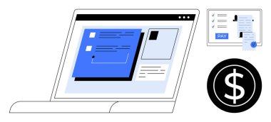 Bilgisayarda dijital formlar, ödeme düğmeli online ödeme makbuzu ve dolar sembolü var. E-ticaret, fintech, çevrimiçi bankacılık, dijital finans, ticari işlemler, muhasebe için ideal