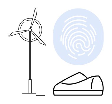 Wind turbine generating energy, large fingerprint representing biometric security, illustrated futuristic vehicle. Ideal for technology advancement, renewable energy, cybersecurity, innovation clipart