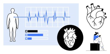 Kalp atışı grafiği olan bir insan figürü, anatomik kalp çizimleri ve akıllı telefon kullanan bir birey. Sağlık, fitness, teknoloji, eğitim, teletıp, tıbbi araştırma sağlığı için ideal