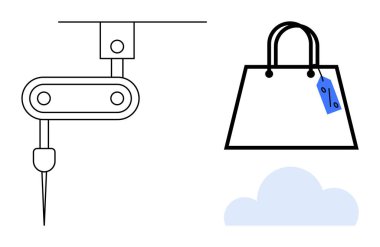 Fiyat etiketi ve bulut simgesi olan bir alışveriş çantasının yanında otomatik robotik kol. Otomasyon, e-ticaret, bulut hesaplama, perakende teknoloji, yenilik, çevrimiçi alışveriş ve dijital için ideal