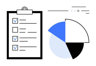 İşaretli görevleri olan panodaki kontrol listesi ve veri oranlarını gösteren bir pasta grafiği. Proje planlaması, görev yönetimi, veri analizi, verimlilik izleme, iş raporlama, ilerleme için ideal