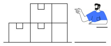 Mavi gömlekli bir adamın istiflenmiş kutuları işaret ettiği minimalist sanat eserleri. Lojistik, organizasyon, yönetim, depolama, iş akışı, tedarik zinciri ve teslimat için ideal. Soyut çizgi düz metafor