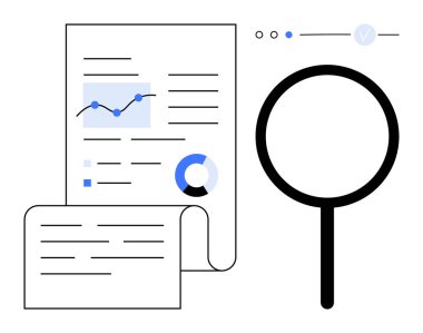 Veri tablolarını gösteren belgeler, büyüteç analizi, mavi ilerleme göstergeleri. Veri analizi, araştırma, istatistik, iş raporları, soruşturma pazar eğilimlerinin denetlenmesi için ideal. Çizgi