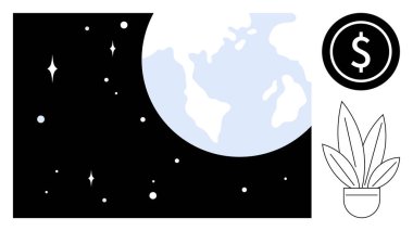 Earth partially visible in outer space with stars, a money symbol inside a black circle, and a simple potted plant. Ideal for sustainability, environmentalism, economic growth, global economy, space clipart