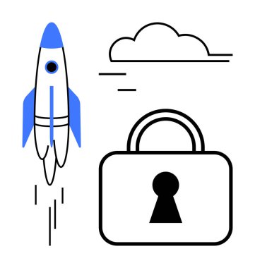 Rocket launching into the sky, floating cloud, and padlock with keyhole for data security. Ideal for cybersecurity, data protection, cloud computing, technology, innovation, digital safety clipart