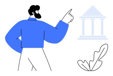 Bir banka binasına işaret eden işadamı, mali rehberliği, iş stratejisini, yatırım tavsiyesini, ekonomik büyümeyi, kurumsal kararları ve ekonomi kurumlarını sembolize ediyor. Temalar için ideal