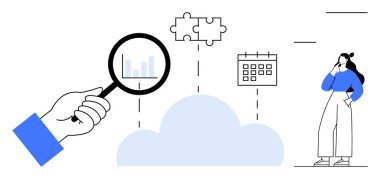 Bulut yakınında bulmaca parçası, takvim ve kadın düşüncesiyle el ele tutuşan büyüteç. Analiz, planlama, problem çözme, karar verme, bulut hesaplama, üretkenlik için ideal