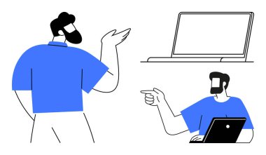 İki adam dizüstü bilgisayarların yanında sohbet ediyor, takım çalışması ve dijital etkileşimi vurguluyor. Temalar için ideal iletişim, uzaktan çalışma, teknoloji, ortaklık, bilişim danışmanlığı, sanal