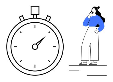 Dakika işaretli büyük bir kronometre, çenesini düşünce içinde tutan bir kadın. Zaman yönetimi, teslim tarihleri, verimlilik, kişisel büyüme, karar verme, iş hayatı dengesi planlaması için idealdir. Soyut