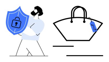 Üzerinde fiyat etiketi olan bir el çantasının yanında mavi bir kalkan tutan bir adam. Güvenlik, koruma, e-ticaret, online alışveriş, mahremiyet, siber güvenlik kullanıcı güvenliği kavramları için idealdir. Soyut çizgi