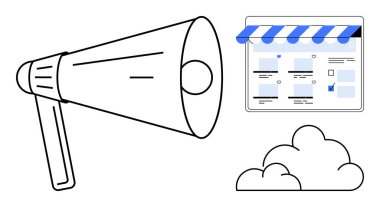 Cloud 'un yanındaki ürün veya hizmet bölümleriyle çevrimiçi bir mağaza arayüzüne doğru yansıtılan megafon, pazarlama, çevrimiçi reklamcılık, e-ticaret, dijital tanıtım, marka