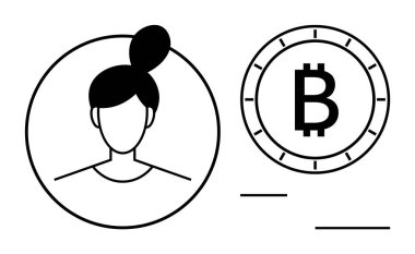 Bitcoin sembolünün yanındaki çemberin içindeki kadın avatarı. Kripto para, finans, dijital kimlik, engelleme teknolojisi, fintech, çevrimiçi güvenlik, yatırım konuları için ideal. Satır metaforu