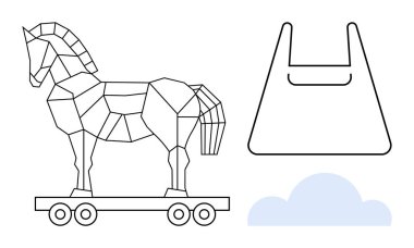 Geometrik Truva Atı, alışveriş çantası taslağı ve mavi bulut. Yaratıcılık, aldatma, strateji, tüketim, yenilikçilik koruması ve çevresel farkındalık için idealdir. Minimalist modern soyut