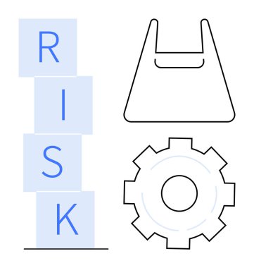 İçinde RISK harfleri olan bloklar, alışveriş çantası taslağı, vites simgesi. İş stratejisi, planlama, risk değerlendirmesi, lojistik, tedarik zinciri, karar verme mekanizması için ideal