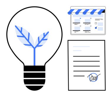 İçinde bitki olan ampul büyümeyi ve yeniliği temsil ediyor. Belge imzalandı, anlaşmaya işaret ediyor. Web sitesi tasarımı gösterimi. Girişimler için ideal, yaratıcılık, çevre dostu fikirler, dijital