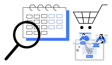 Takvimin üzerinde büyüteç, alışveriş arabası ikonu ve internetten alışveriş yapan insanlar. Proje zamanlaması, çevrimiçi pazarlama, dijital alışveriş, e-ticaret stratejisi, satış planlaması, zaman