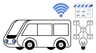 Kablosuz sembollü otonom otobüs, e-ticaret mağazası önü, engelleme ağı ve ampul teknolojiyi, yeniliği, bağlantılılığı ve dijital dönüşümü temsil ediyor. Zeka için ideal