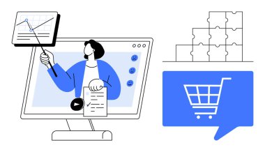 Bilgisayar ekranında elinde işaret ve pano tutan kişi bir grafiği işaret ediyor. Konuşma balonu ve yapboz parçaları içinde mavi alışveriş arabası. E-ticaret, eğitim, strateji ve eğitim için ideal