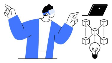 VR kulaklık takan adam dizüstü bilgisayar, küpler ve ampul gibi çeşitli teknolojik elementlere bakıyor. Yenilik için ideal, teknolojik trendler, sanal gerçeklik, engelleme zinciri, dijital