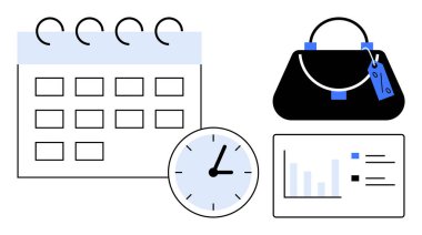 Takvim, saat, etiketli el çantası ve veri noktalı bar çizelgesi. Üretkenlik, zamanlama, zaman yönetimi, organizasyon, iş planlaması profesyonel yaşam tarzı proje yönetimi için ideal