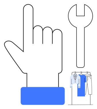 Büyük el kaldırma, ingiliz anahtarı ve askıda giysiler. Bakım hizmetleri, DIY projeleri, otomotiv tamiri, müşteri hizmetleri, giyim endüstrisi araç kullanma kılavuzları için ideal. Çizgi