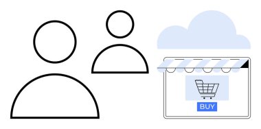 Bulutların altında online alışveriş arabası olan iki kullanıcı simgesi. E-ticaret için ideal, çevrimiçi perakende, müşteri etkileşimi, dijital alışveriş, bulut hizmetleri, kullanıcı bağlantısı, çevrimiçi