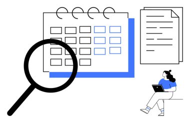 Büyüteç, takvim, istiflenmiş belgeler ve tabletli bir kadın. Üretkenlik, planlama, planlama, organizasyon, zaman yönetimi, görev takibi, uzaktan çalışma için idealdir. Satır metaforu