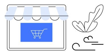 Geleneksel vitrin, mavi tenteli, merkezi ekranda alışveriş arabası, yanında yaprak. Çevrimiçi alışveriş, e-ticaret, dijital pazarlar, perakende satış, internet mağazaları, iş büyümesi için ideal