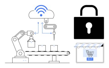 Bulut bağlantısı, güvenlik kilidi ve çevrimiçi alışveriş arabası olan otomatik robot kol montajı ürünleri. İOT, otomasyon, güvenlik, imalat, e-ticaret, teknoloji dijital için ideal