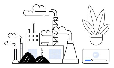 Duman, bulut, ot ve medya arayüzü yayan fabrika. Kirlilik, sanayileşme, çevresel sürdürülebilirlik, yeşil enerji ve ekolojik etki konuları için ideal