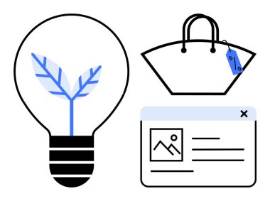 Bitkili ampul, fiyat etiketli yeniden kullanılabilir alışveriş çantası ve resim ve metin içeren web sayfası. Çevreye duyarlı yenilik, sürdürülebilirlik, çevrimiçi alışveriş, yeşil teknoloji, dijital içerik için ideal
