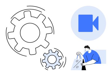 Hareketli vitesler, video çağrı ikonu, alışveriş çantası tutan kişi. Takım çalışması, dijital iletişim, uzaktan çalışma, online alışveriş, teknik destek e-ticaret verimliliği için ideal. Satır metaforu