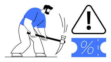 Balyoz kullanan bir adam, yanında ünlem uyarısı işareti olan indirim kuponu kırıyor. Mali kararlarda dikkatli olmak için ideal, tasarrufta riskler, agresif indirimler, uyarılar, kırılmalar