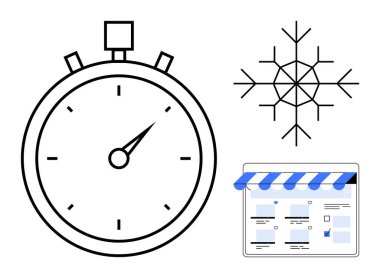 Stopwatch indicating time management, detailed snowflake representing winter or cold, and an online storefront icon showing e-commerce concepts. Ideal for themes in time, seasons, shopping clipart