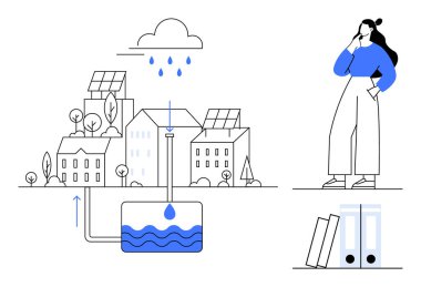 Güneş panelleri olan binaların üzerine bulut yağıyor. Yeraltı tankına giden su toplama sistemini gösteriyor. Sürdürülebilirlik, yeşil enerji, kentsel planlama, su tasarrufu, teknoloji için ideal