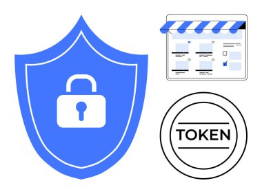 Merkezinde asma kilit olan büyük mavi kalkan güvenliği simgeliyor. Bitişiğinde stilize edilmiş bir e-ticaret mağazası ve altında TOKEN etiketli bir sembol var. Siber güvenlik ve online alışveriş için ideal.