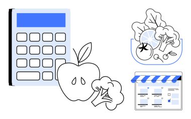 Çevrimiçi market vitrininin yanında elma, brokoli ve salata kasesi de dahil olmak üzere hesap makinesi ve taze ürünler sağlıklı yemek için bütçe planlamasını temsil ediyor. Finans, beslenme, alışveriş, yemek için ideal