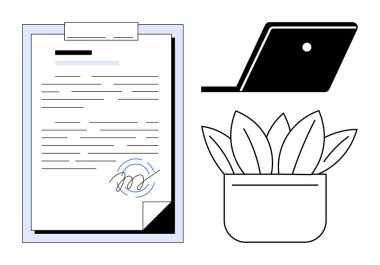 İmzalı belge, kısmen açık dizüstü bilgisayar ve saksı bitkisi olan bir pano. İş yeri organizasyonu, üretkenlik, uzak çalışma, iş belgeleri, profesyonellik, ofis dekorasyonu için ideal