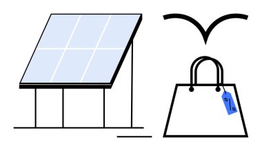 Güneş paneli güneş ışığından faydalanıyor, perakende etiketli alışveriş çantası, martı özgürlüğü simgeliyor. Yeşil enerji, çevre dostu yaşam tarzı, alışveriş, sürdürülebilirlik, doğa, özgürlük yeniliği için ideal