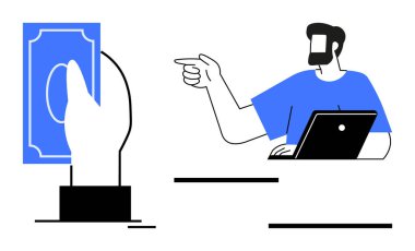 Elinde dizüstü bilgisayarla oturan adam elinde para tutuyor. Finans, ticaret, ödeme çözümleri, çevrimiçi işlemler, yatırım, ekonomik tartışmalar, dijital para birimi için ideal. Modern soyut çizgi