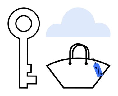 Basit siyah anahtar, mavi bulut, mavi etiketli alışveriş çantası. Erişim, güvenlik, bulut depolama, alışveriş, perakende mülkiyet ve dijital güvenlik temaları için ideal. Asgari soyut çizgi
