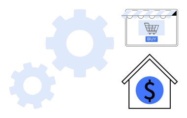 Alışveriş arabası ve satın alma düğmeli dükkan tabelası işletim sistemini sembolize eden vites, mali yatırım için dolar işareti olan ev. Çevrimiçi iş, e-ticaret, otomasyon, yatırım için ideal