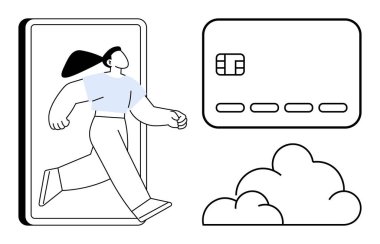 Kadın telefondan çıkıp kredi kartı ve buluta doğru yürüdü. Dijital işlemler, fintech, mobil bankacılık, online alışveriş, dijital cüzdanlar, bulut finansmanı, dijital dönüşüm için ideal. Satır metaforu