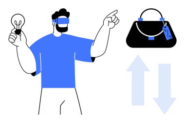 Ampul tutan VR gözlüklü bir adam, üzerinde fiyat etiketi olan el çantasına bakıyor, seçimleri gösteren oklar. Çevrimiçi alışveriş için ideal, sanal gerçeklik, ekommerce, moda perakendecisi, teknoloji, müşteri