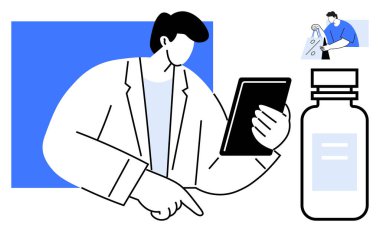 Laboratuvar önlüğü giyen, tablet tutan ve verileri kontrol eden profesyonel bir doktor. İlaç şişesi ve enjeksiyonu hazırlayan bir hemşirenin küçük bir çizimi. Sağlık, tıbbi araştırma, teletıp için ideal